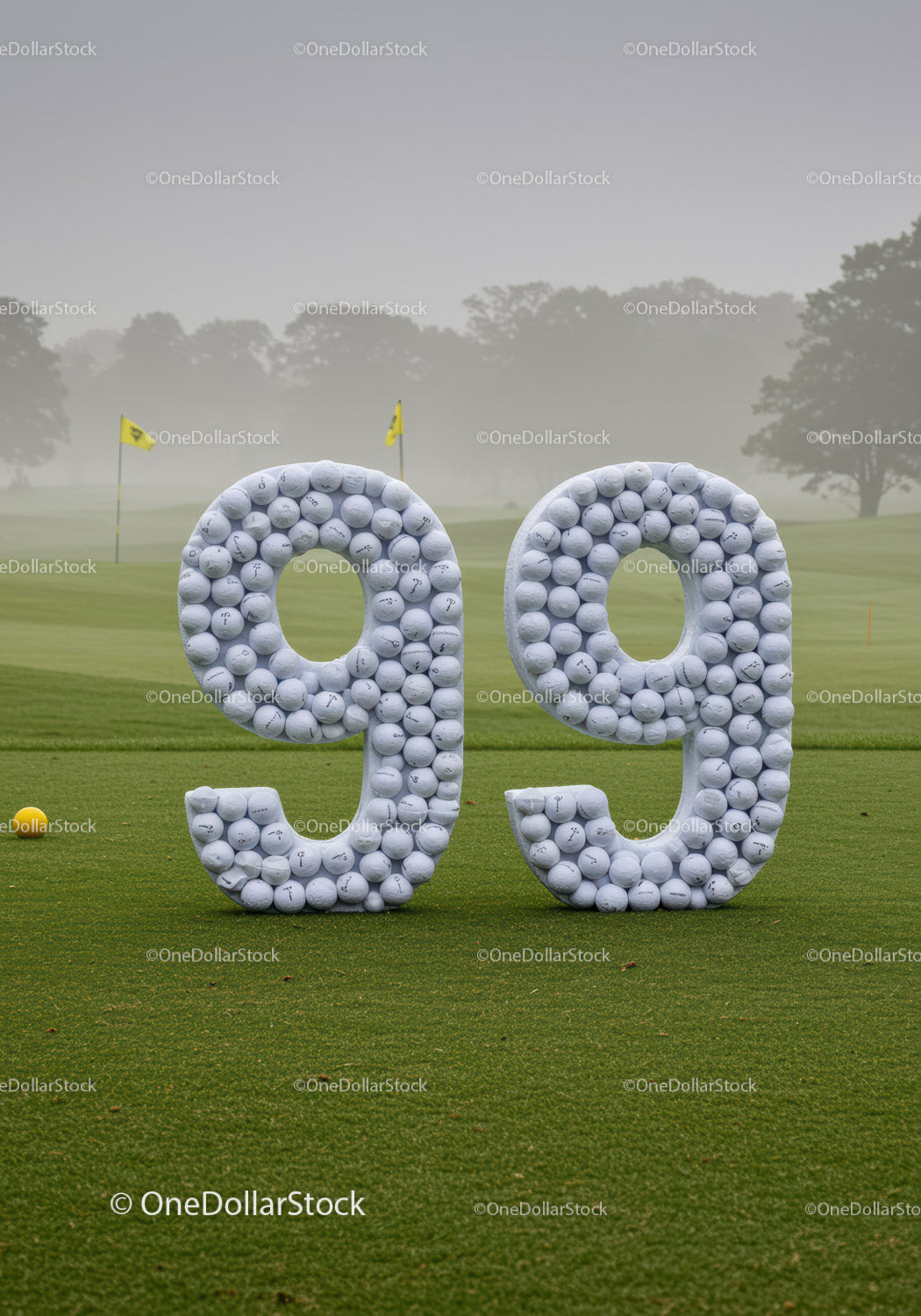 Duża liczba 99 wykonana z piłek golfowych na zielonym trawniku