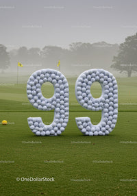 Large Number 99 Made of Golf Balls on Green Lawn