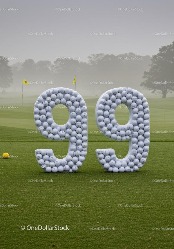 Large Number 99 Made of Golf Balls on Green Lawn
