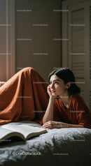 Relaxed Woman Lying on Bed with Open Book in Cozy Bedroom