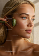 Close-up of Woman with Jade Facial Roller Showing Relaxing Skincare Routine