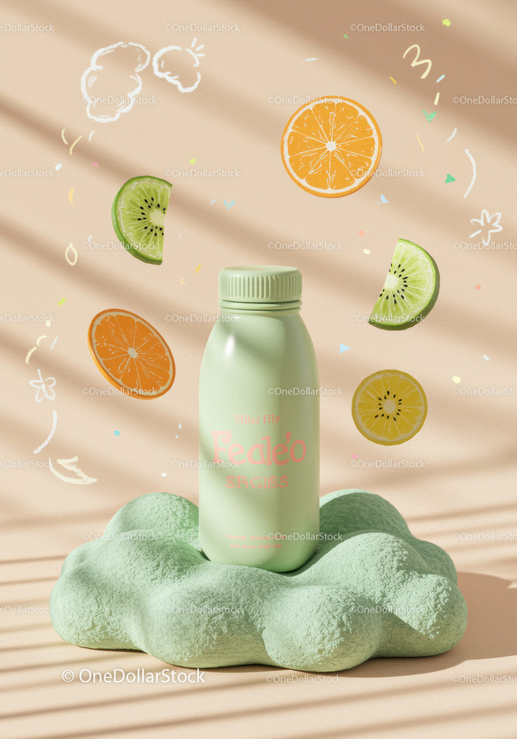 Minimalist bottle with fresh fruit slices and pastel backdrop