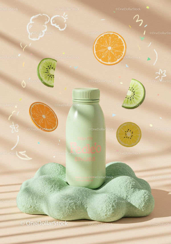 Minimalist bottle with fresh fruit slices and pastel backdrop