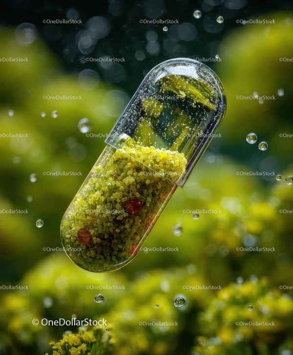 Transparent Capsule Filled With Yellow Granules And Seeds