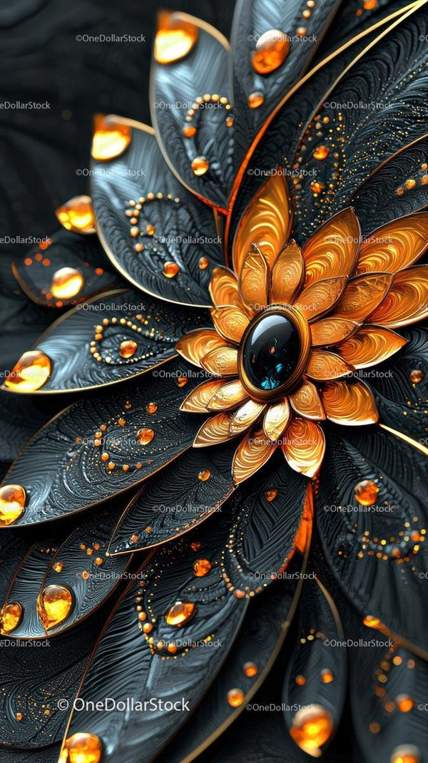 Elegant Gold and Black Ornate Pendant with Gemstone Center