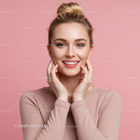 Happy Young Woman with Blonde Hair and Clear Skin on Pink Background
