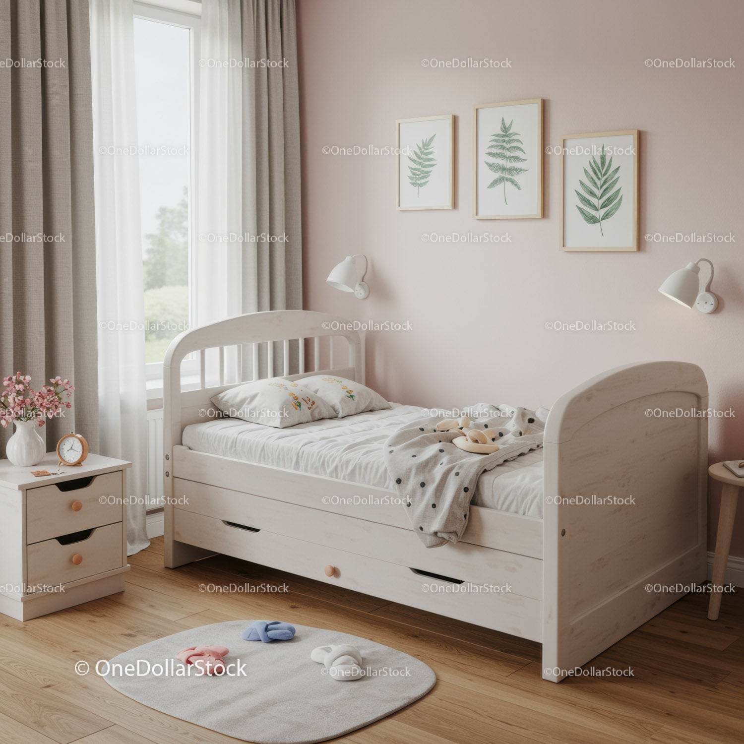 Bright Children's Bedroom with Botanical Art and Cozy Decor