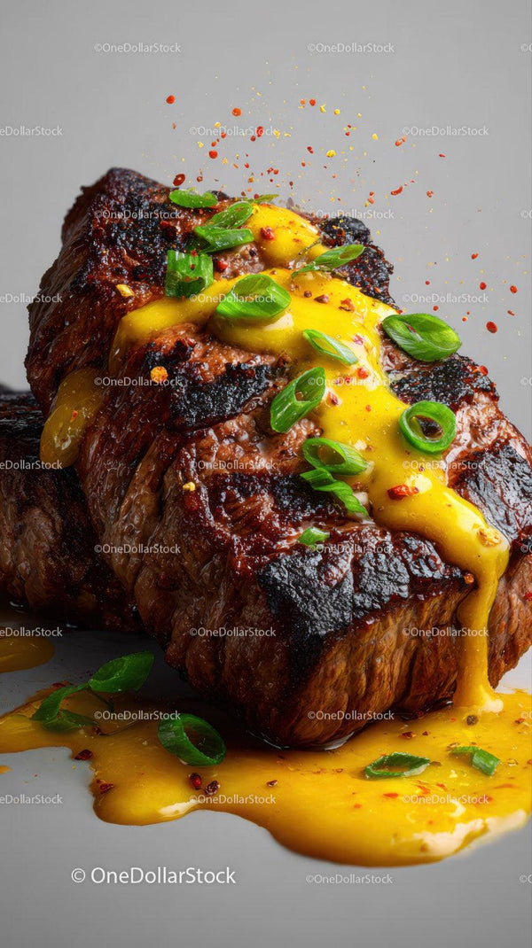Juicy Grilled Steak with Melted Cheese Green Onions and Spices