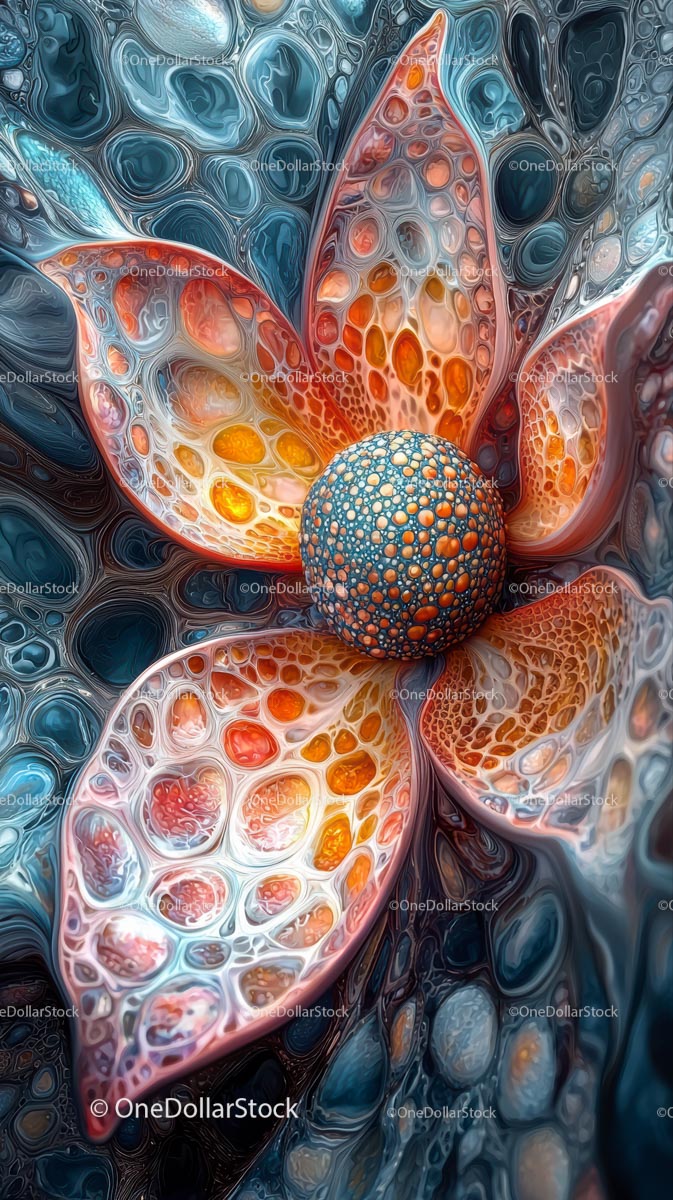 Abstract Digital Floral Art with Intricate Orange and Blue Patterns