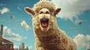 Cheerful Sheep with Fluffy Wool in City Skyline