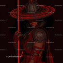 Futuristic Samurai in Neon Red Armor Holding Umbrella