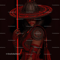 Futuristic Samurai in Neon Red Armor Holding Umbrella