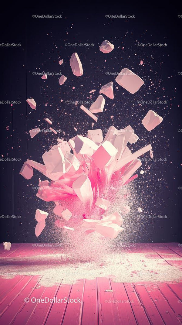 Pink chalk powder explosion with flying debris on wooden floor