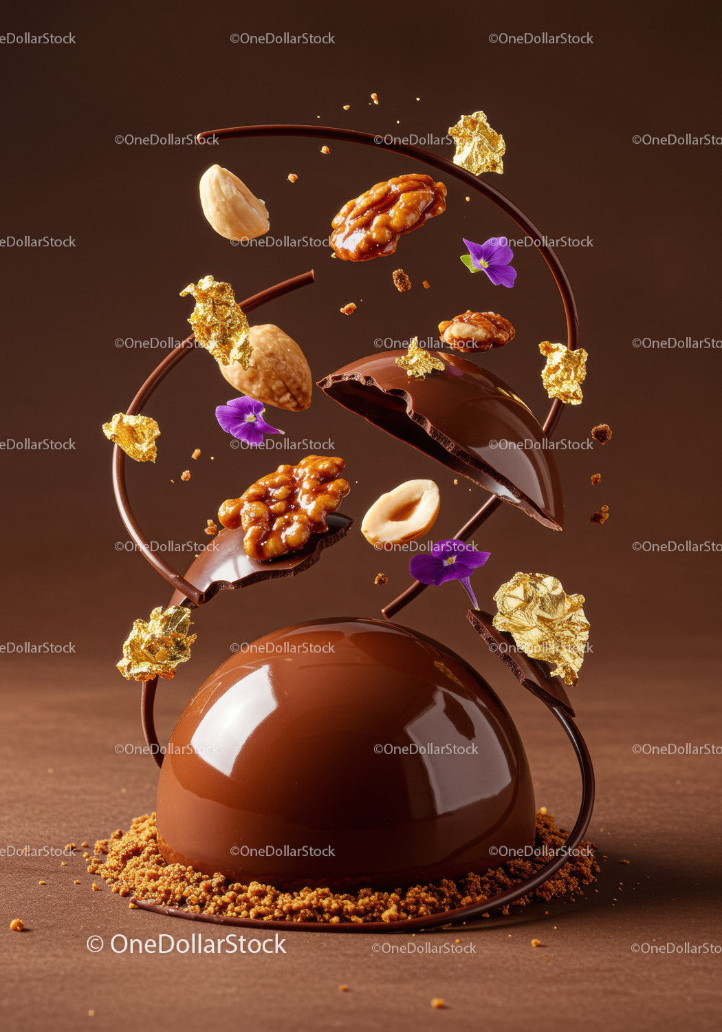 Artistic chocolate dessert with nuts and edible gold