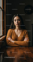 Young Woman in Brown Sweater Sitting at Wooden Table in Cozy Indoor Setting