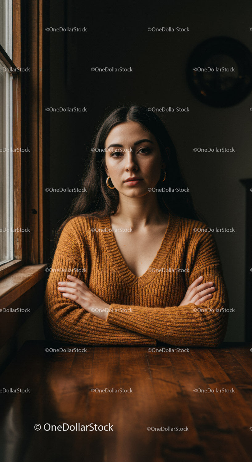 Young Woman in Brown Sweater Sitting at Wooden Table in Cozy Indoor Setting