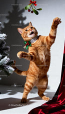 Playful ginger cat reaching mistletoe under festive light