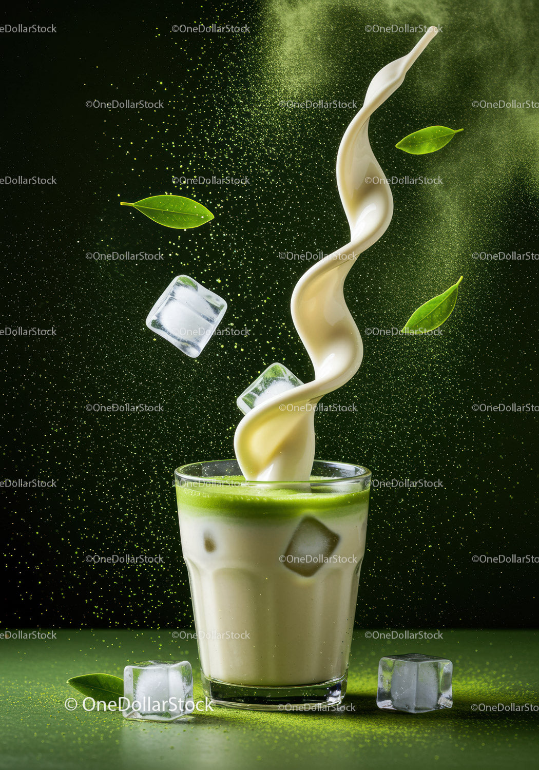 Refreshing iced matcha latte with creamy milk splash