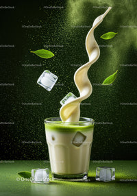 Refreshing iced matcha latte with creamy milk splash