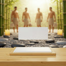 Relaxing spa setting with wooden table and bamboo background