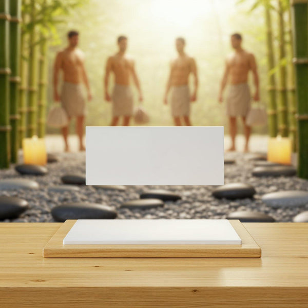 Relaxing spa setting with wooden table and bamboo background JPG Mockup Image