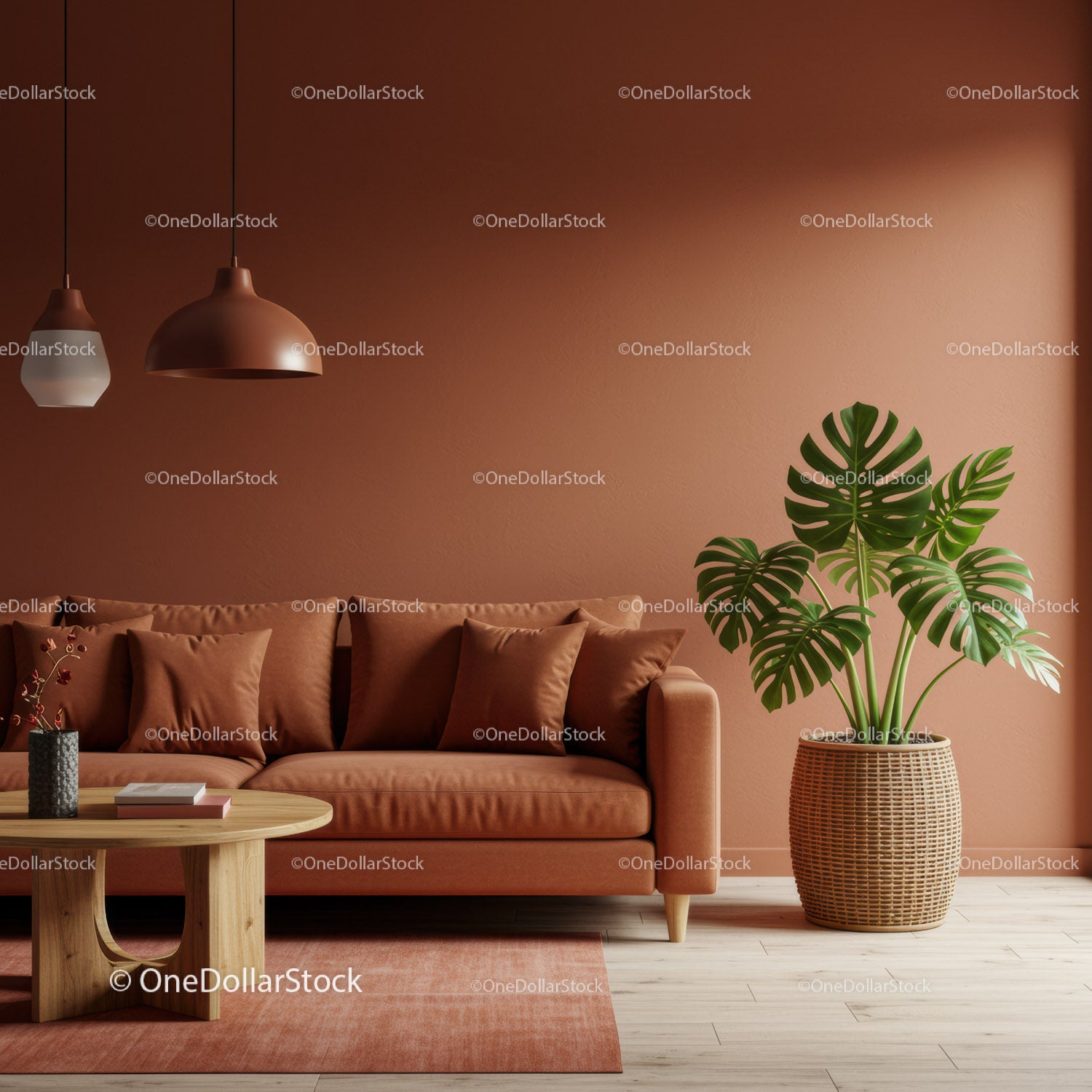 Stylish Modern Living Room with Blush Pink Wall and Monstera Plant