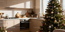Cozy kitchen decorated for Christmas morning light