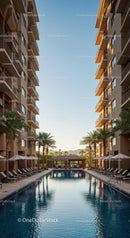 Luxury Hotel with Infinity Pool and Palm Trees in a Modern Resort Setting