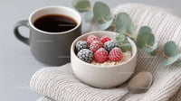 Fresh Frozen Berries in Ceramic Bowl with Coffee on Soft Textile