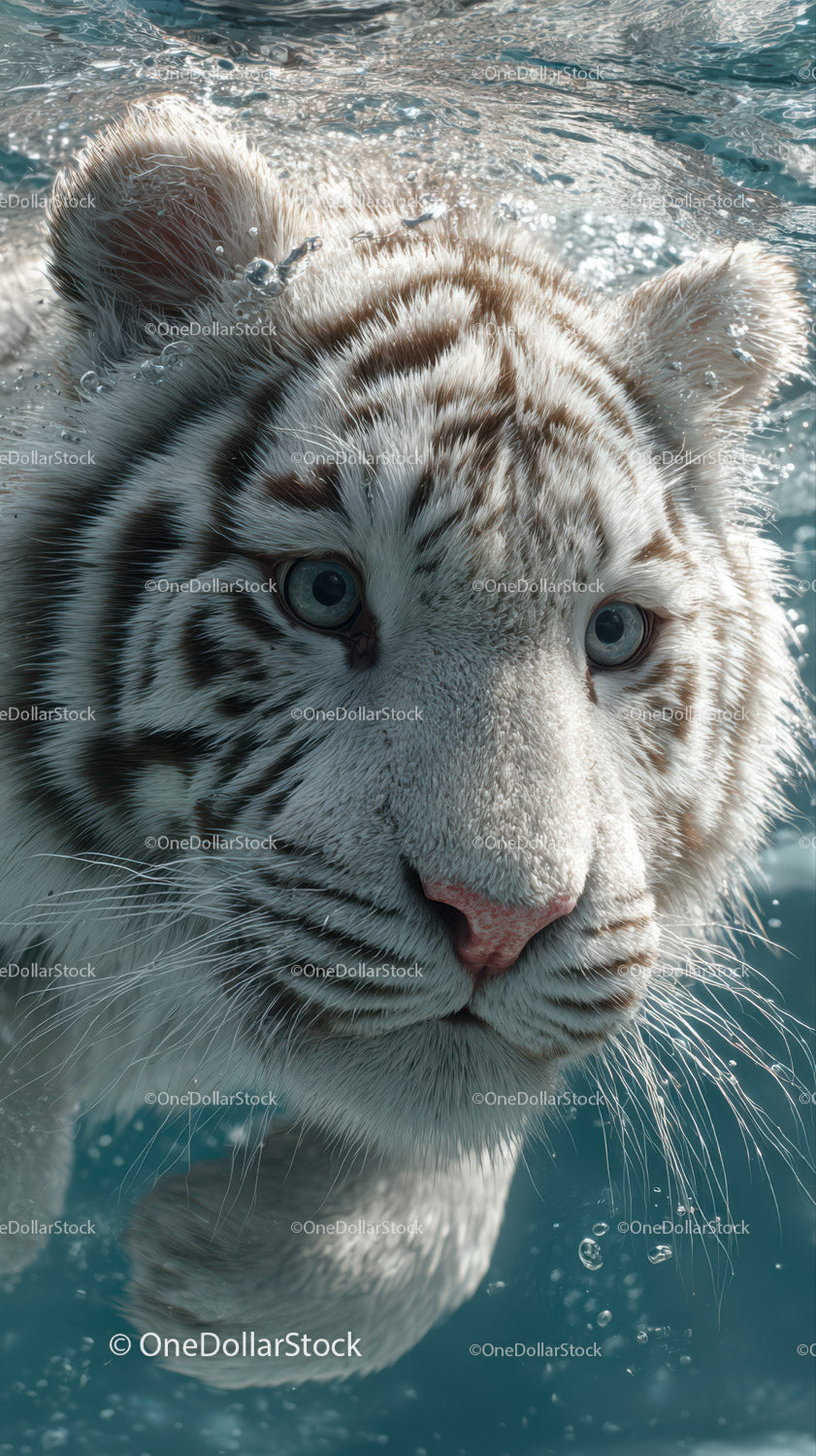White tiger cub swimming underwater with piercing blue eyes