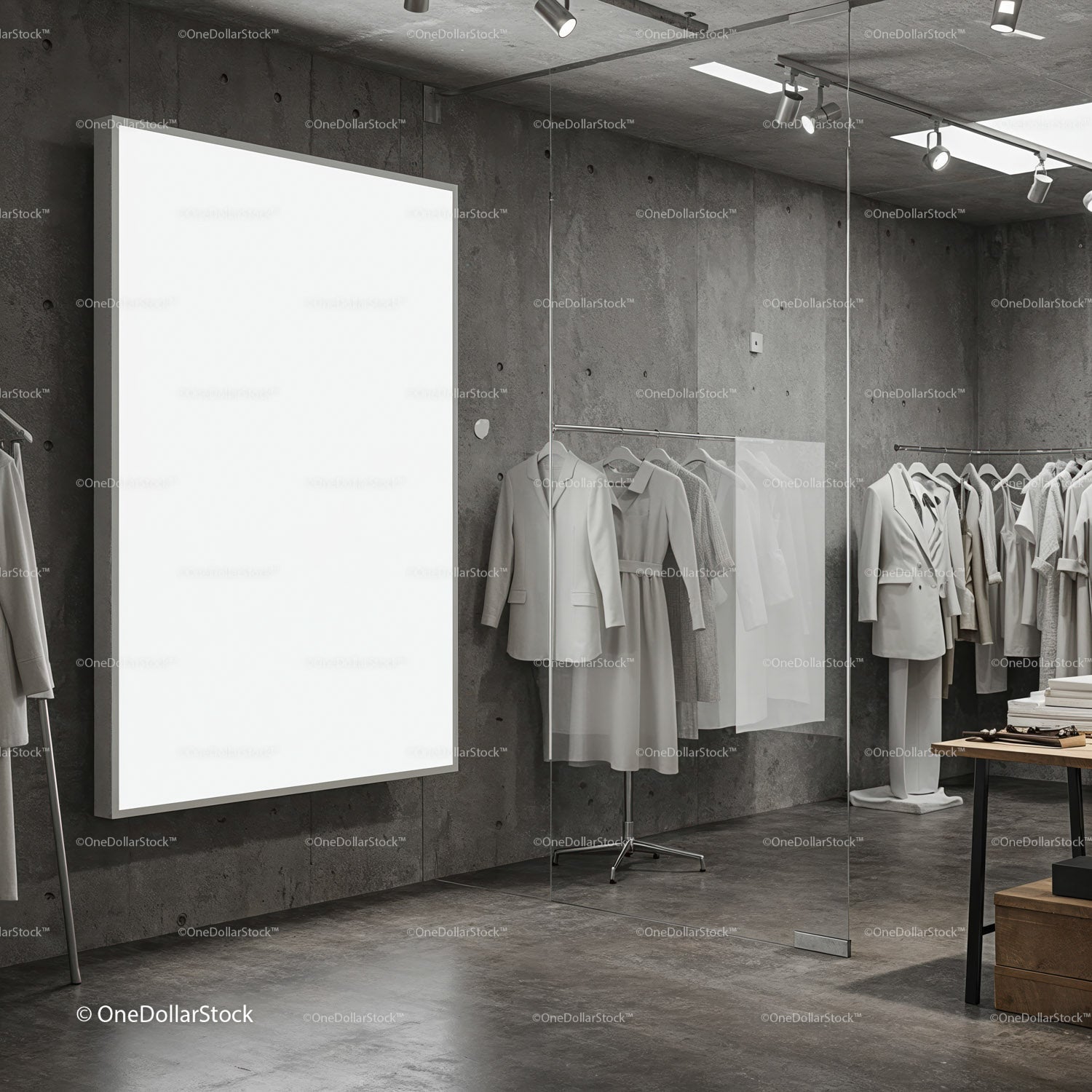 Minimalist fashion showroom with neutral toned clothing