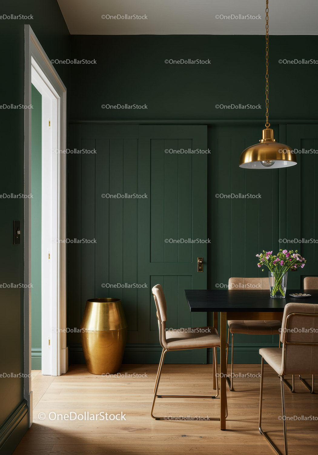 Elegant Modern Dining Room with Green Walls and Gold Accents