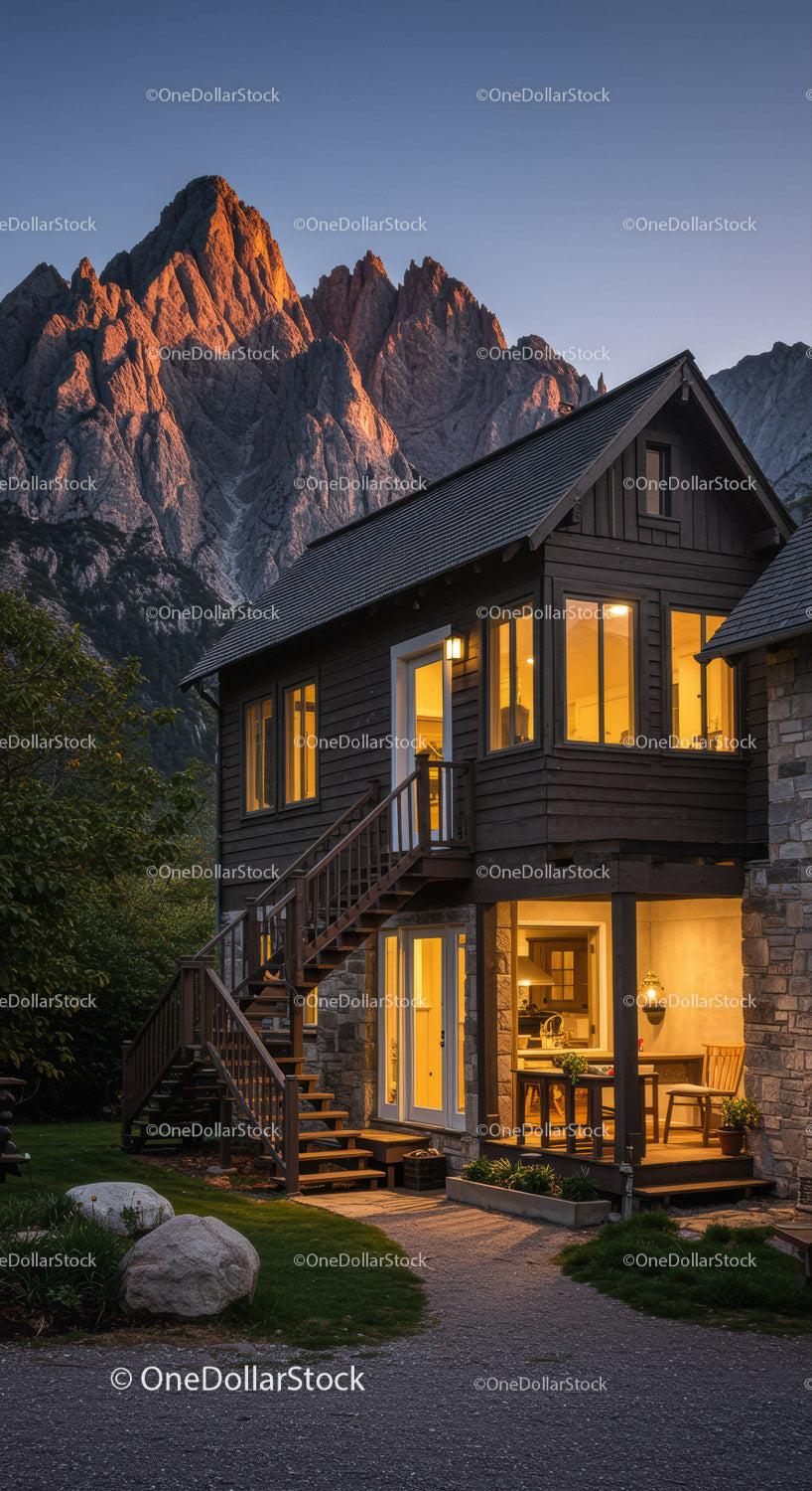 Cozy Mountain Cabin with Warm Lights at Dusk