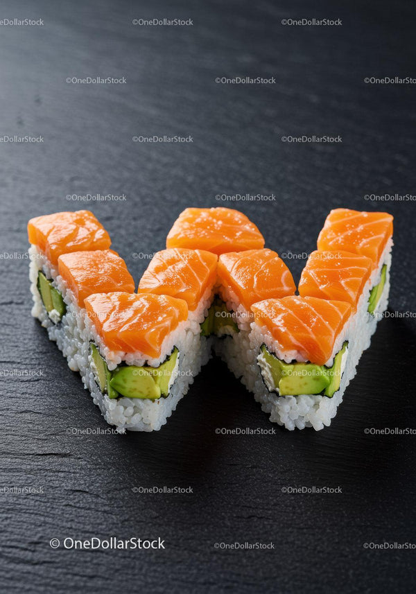 Fresh salmon sushi rolls shaped as letter W on slate