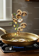 Sliced mushrooms and herbs tossed in hot pan with steam