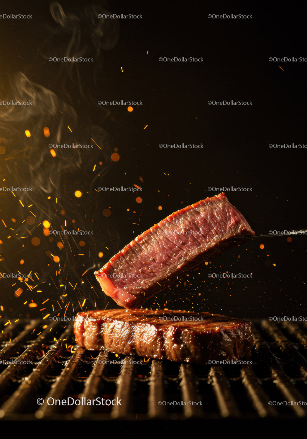 Grilled steak slice lifted above hot glowing grill