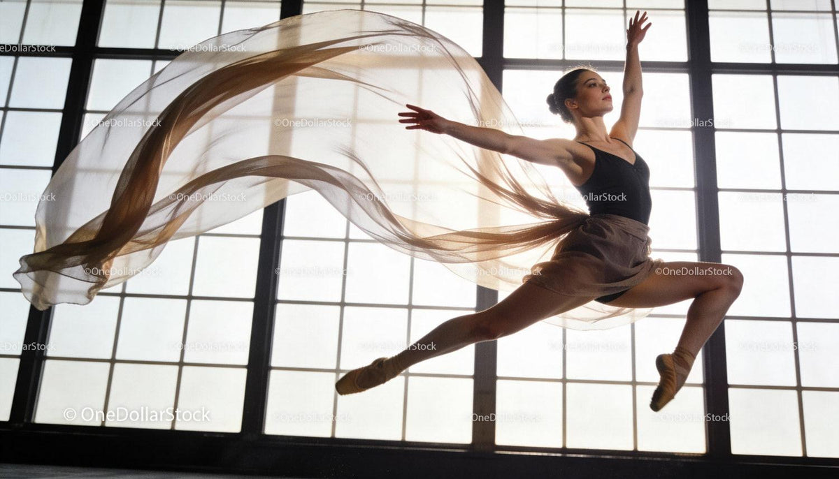 Graceful ballet dancer leaping midair with flowing scarf