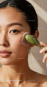 Close-Up of Asian Woman Using Jade Roller for Skin Rejuvenation