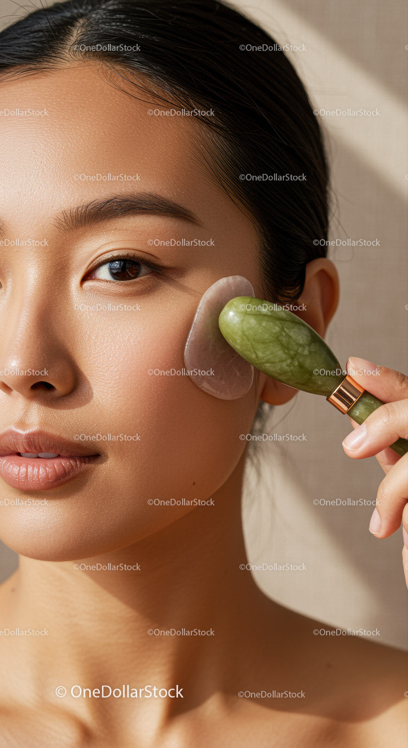 Close-Up of Asian Woman Using Jade Roller for Skin Rejuvenation