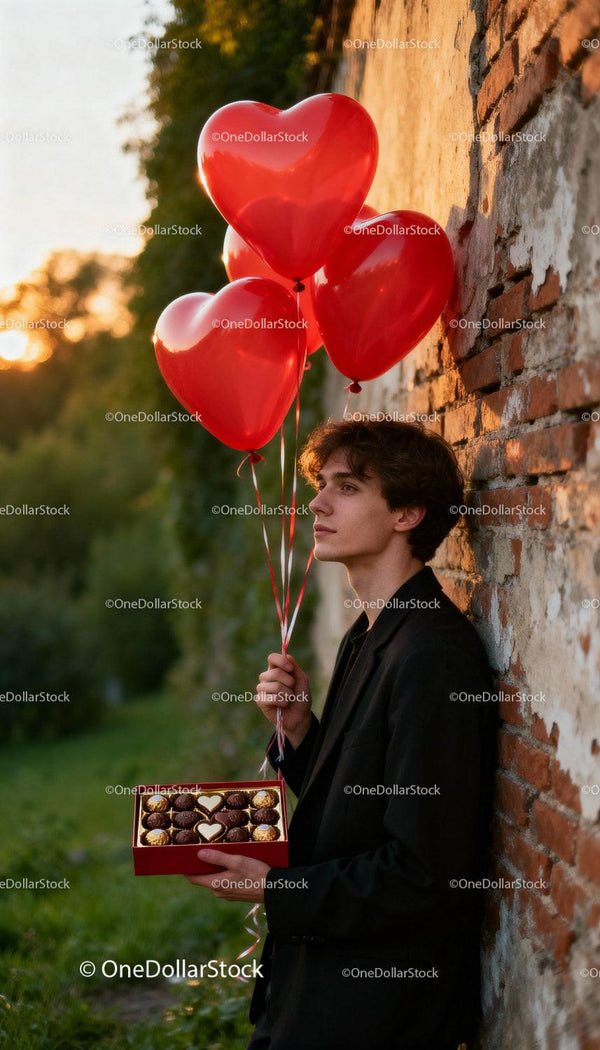 Młody mężczyzna trzymający balony w kształcie serca i czekoladki na zewnątrz