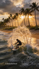 Surfer carving wave with golden sunrise light