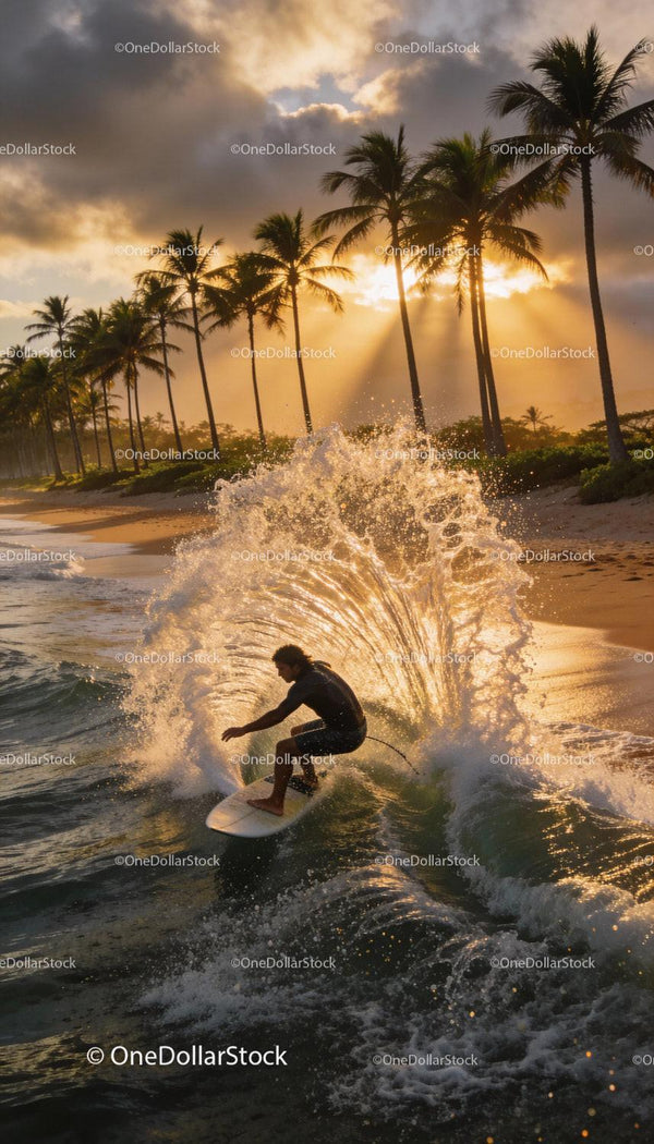 Surfer carving wave with golden sunrise light