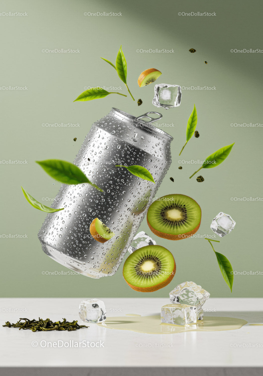 Refreshing kiwi drink can with ice and tea leaves