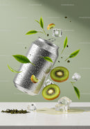 Refreshing kiwi drink can with ice and tea leaves