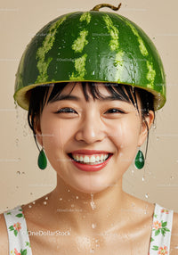 Smiling woman wearing watery watermelon helmet