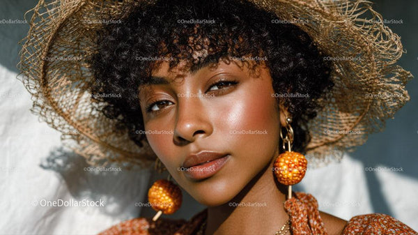 Stylish Woman in Straw Hat with Orange Earrings in Summer Fashion