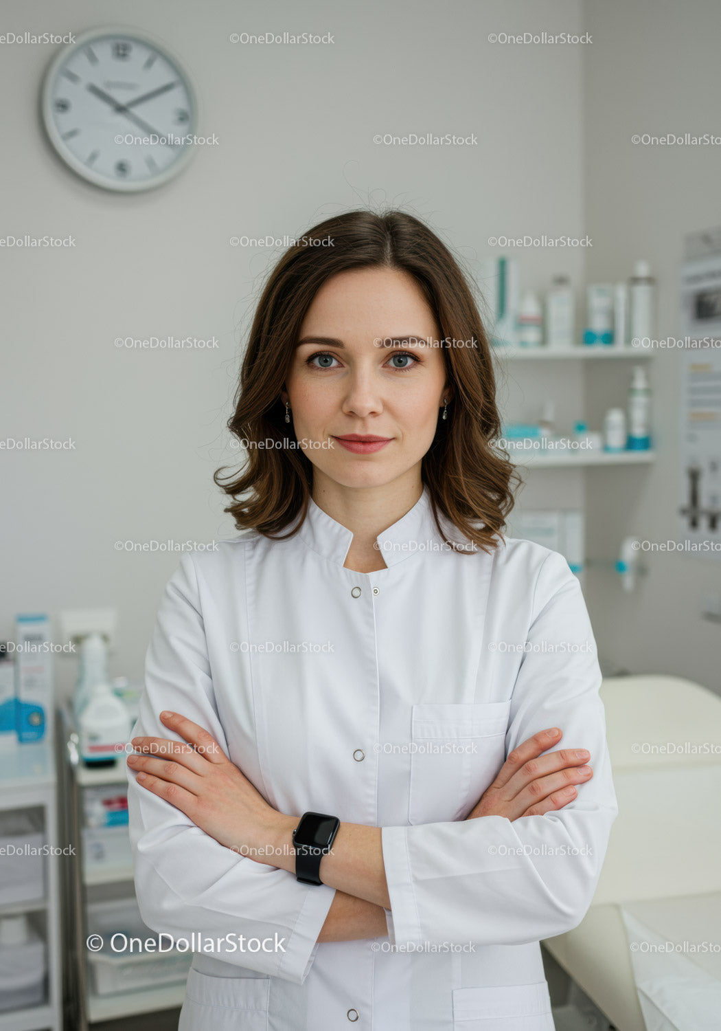 Pewna siebie pracownica służby zdrowia w białym fartuchu w klinice