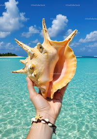 Large Seashell Held Over Clear Turquoise Ocean and Bright Sky