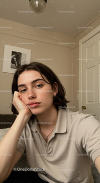 Young woman relaxing indoors with thoughtful expression