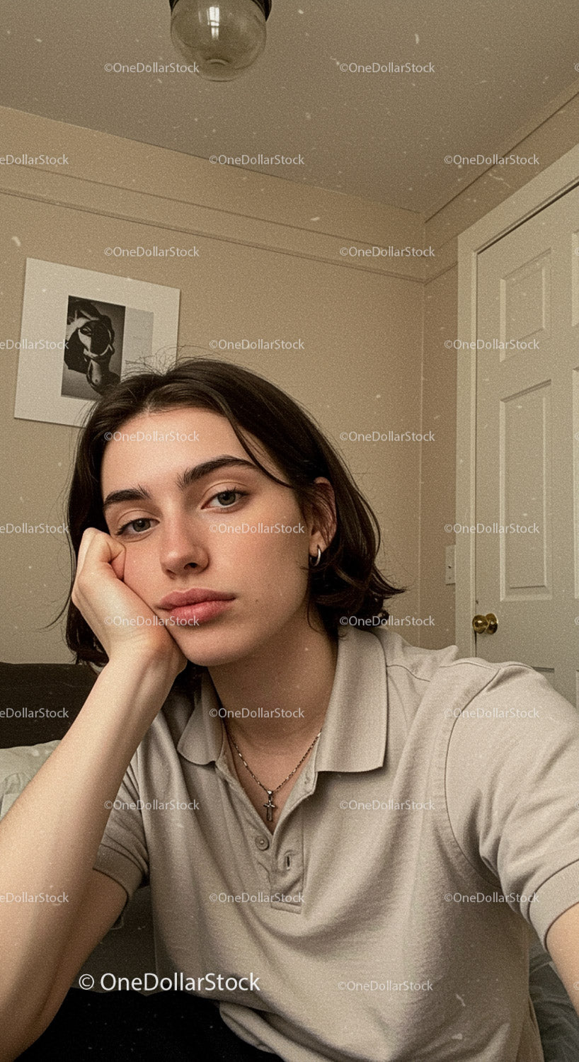 Young woman relaxing indoors with thoughtful expression